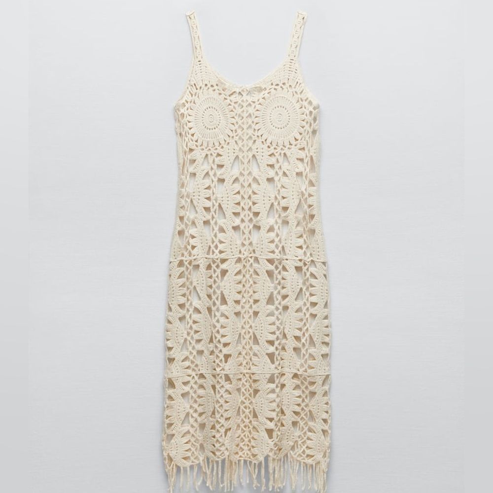 ZARA MACRAMÉ FRINGED KNIT DRESS - Picture 7 of 10